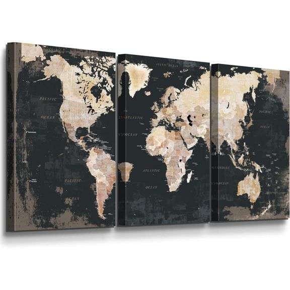 Set of 3 World Map Wall Art Framed Canvas