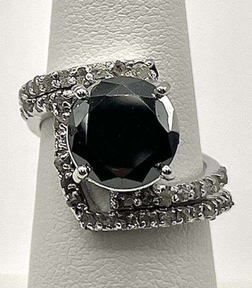 14 Kt White Gold Plate 6.5 Ct Silky Black Moissanite & 30 Count Natural Diamond Bridal Set Ring