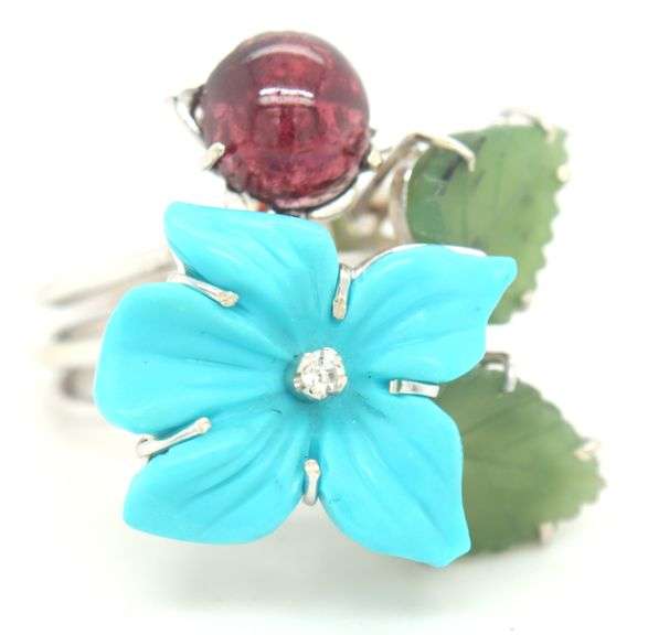 18kt White gold flower turquoise, cab tourmaline and jade leaf and diamond cocktail ring