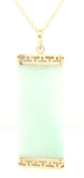 14kt Yellow gold Jade good Fortune bar pendant on chain