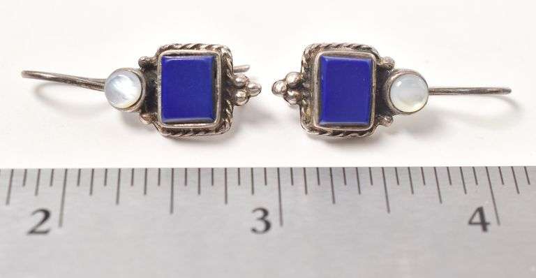 Lapis and Mother of Pearl Gemstone Dangle Earrings in Sterling Silver