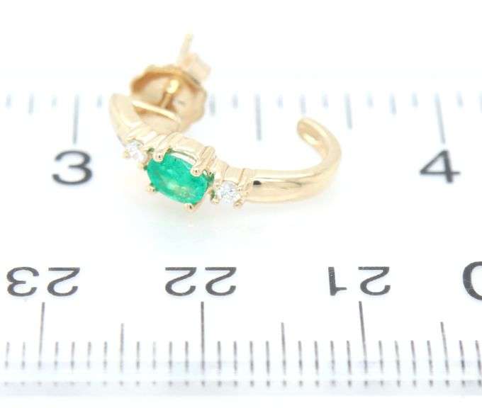 14kt Yellow gold oval emerald and diamond J hoop earrings