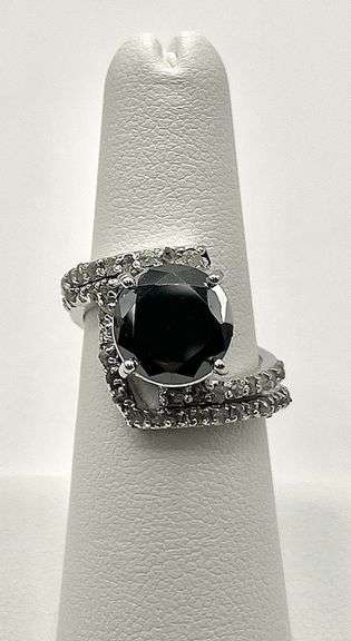 14 Kt White Gold Plate 6.5 Ct Silky Black Moissanite 30 Count Natural Diamond Bridal Set Ring