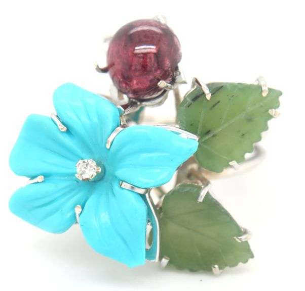 18kt White gold flower turquoise, cab tourmaline and jade leaf and diamond cocktail ring
