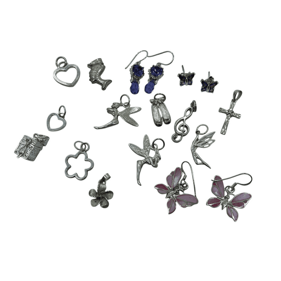 Sterling Silver Jewelry Lot: Charms, Amethyst & Pink Mother of Pearl Earrings