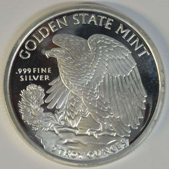 Impressive 5 Troy Oz Walking Liberty design pure .999 fine silver medallion. Golden State Mint