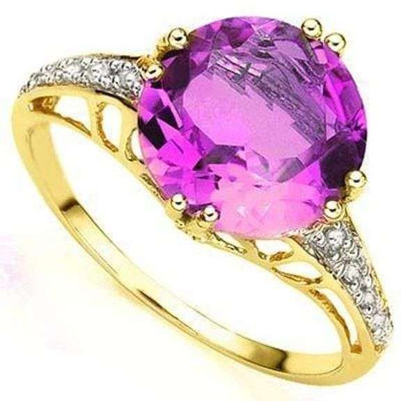4.47 CT PINK TOPAZ & 10 PCS WHITE DIAMOND 10K SOLID YELLOW GOLD RING