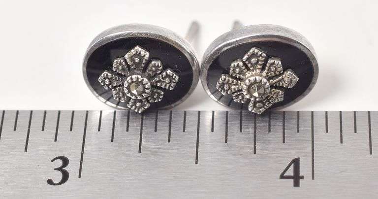 Black Onyx and Marcasite Gemstone Stud Earrings in Sterling Silver