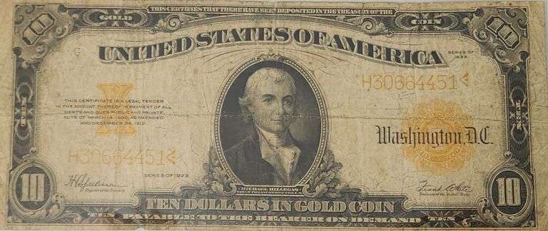 1922 $10 LARGE SIZE GOLD CERTIFICATE NOTE FR.1173 PCGS CHOICE FINE 15