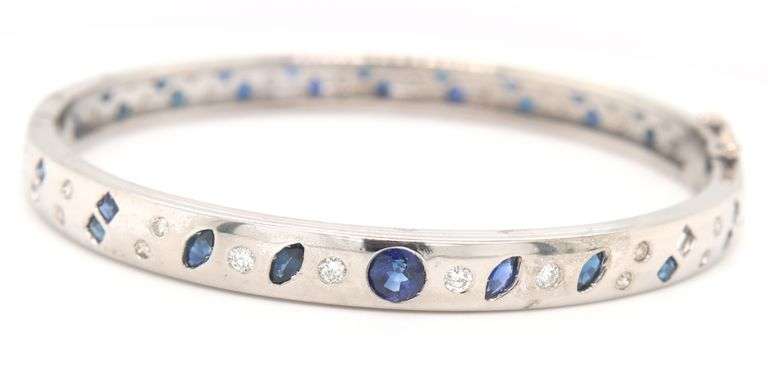 14kt White gold sapphire and diamond burnished set bangle bracelet