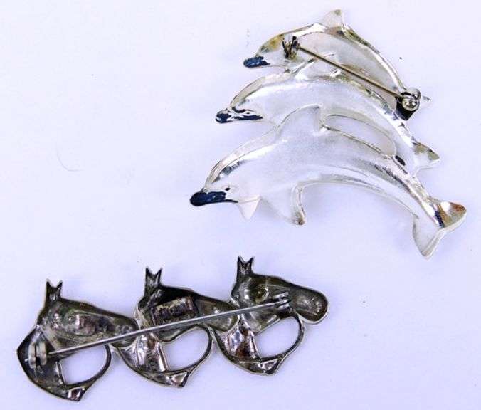 2 Sterling Silver Triple Horse and Dolphin Pins