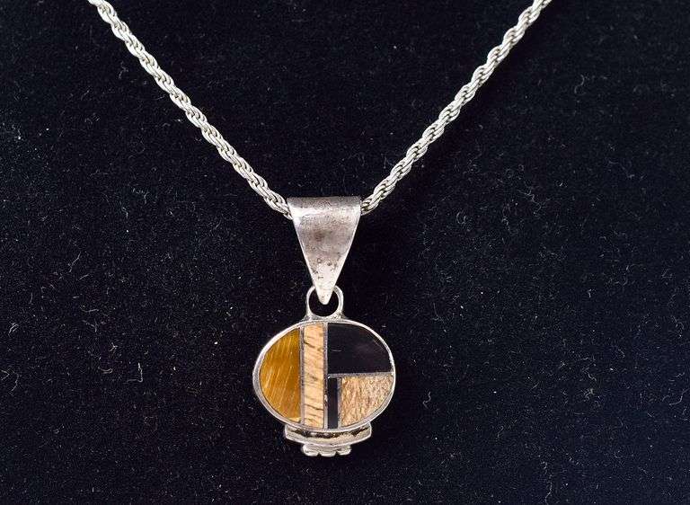 Multi-Gemstone Inlay Pendant Necklace in Sterling Silver