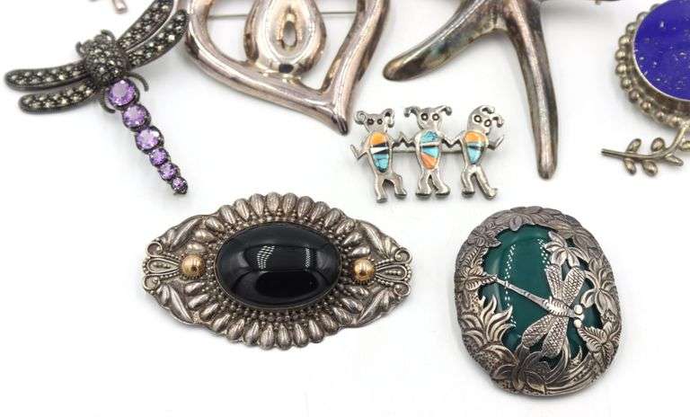 Big group lot of Vintage 925 sterling silver gemstone brooches