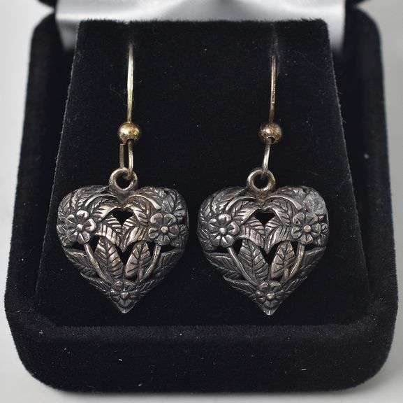 Flower Heart Dangle Earrings in Sterling Silver