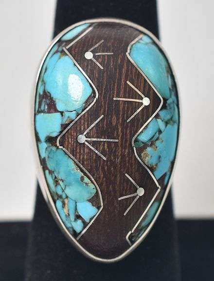 Native American Turquoise and Wood Ring in Sterling Silver