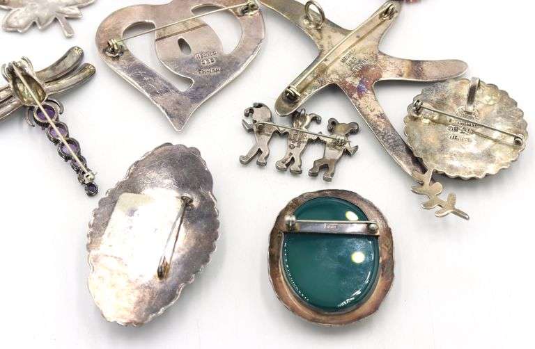 Big group lot of Vintage 925 sterling silver gemstone brooches