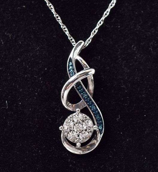 Blue and white Diamond Pendant Necklace in Sterling Silver