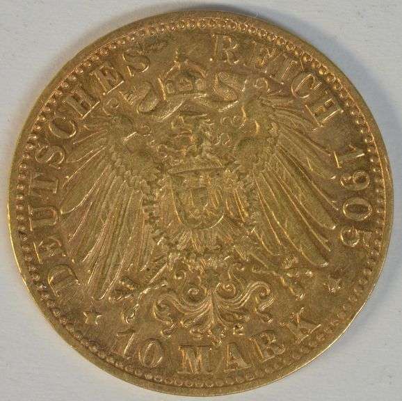 Very scarce 1905-F Germany 10 Marks Gold Piece. Nice