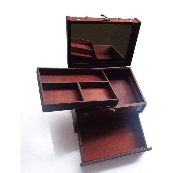3-Layer Retro Wooden Jewelry Box with Mirror