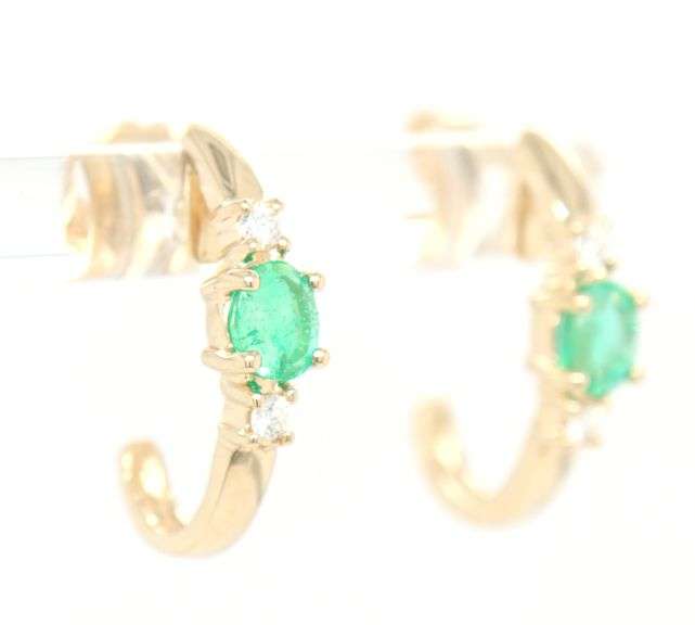 14kt Yellow gold oval emerald and diamond J hoop earrings