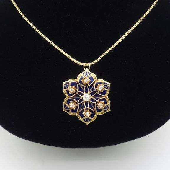 Diamond & Blue Enamel Medallion Pendant Necklace