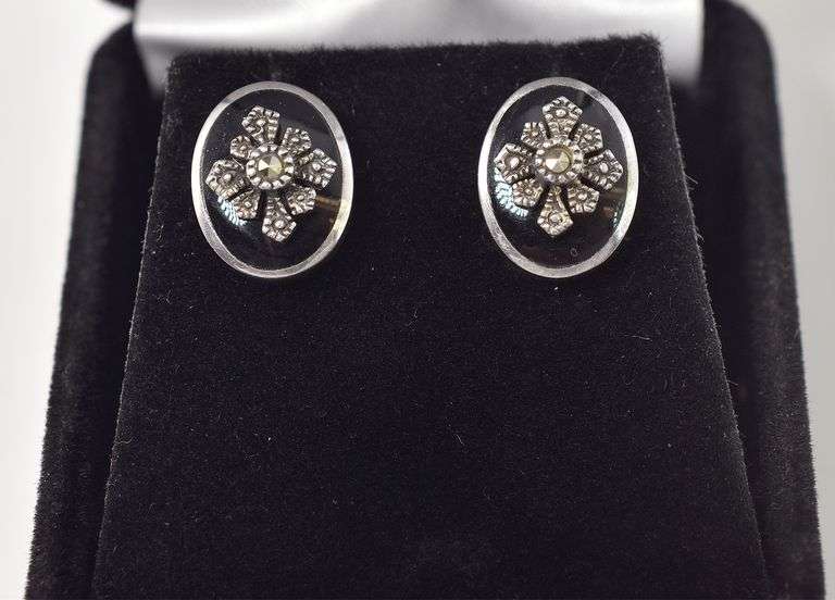 Black Onyx and Marcasite Gemstone Stud Earrings in Sterling Silver