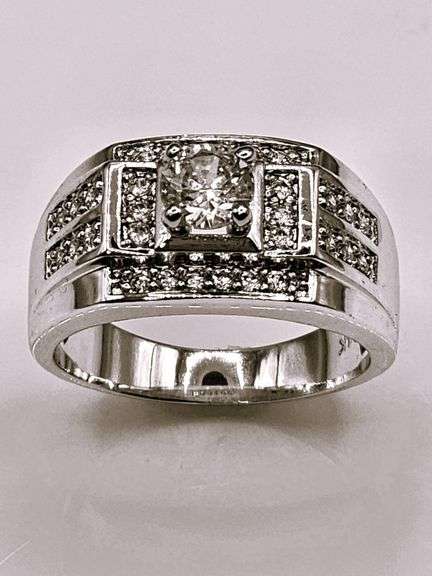 Men's Dynamic 14 Kt White Gold Plate 3.85 Cttw Lab Simulated Diamond Ring.