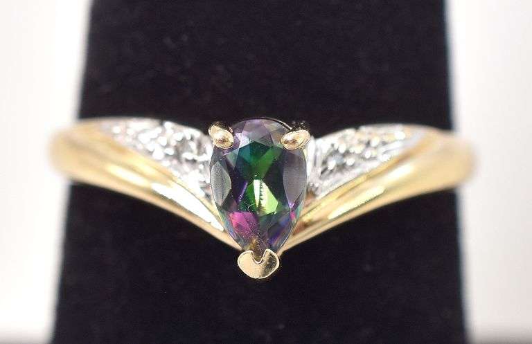 Interesting 10K Yellow Gold Mystic Topaz Gemstone and Diamond Ring