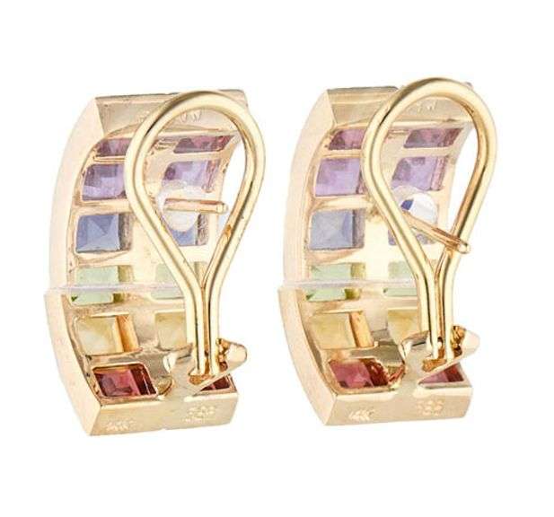 Princess Cut Multi-Color Gemstone Double Row J Hoop Earrings in 14K