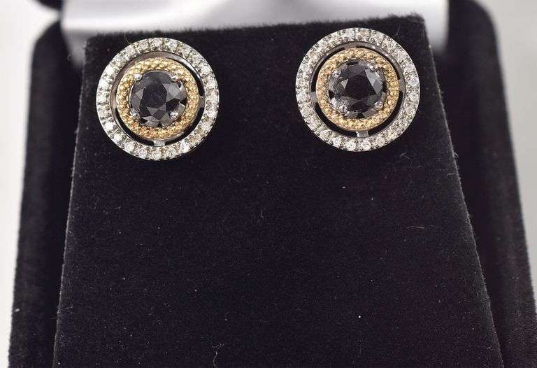 Hematite and CZ Gemstone Stud Earrings in Sterling Silver with 14K Yellow Gold Plating