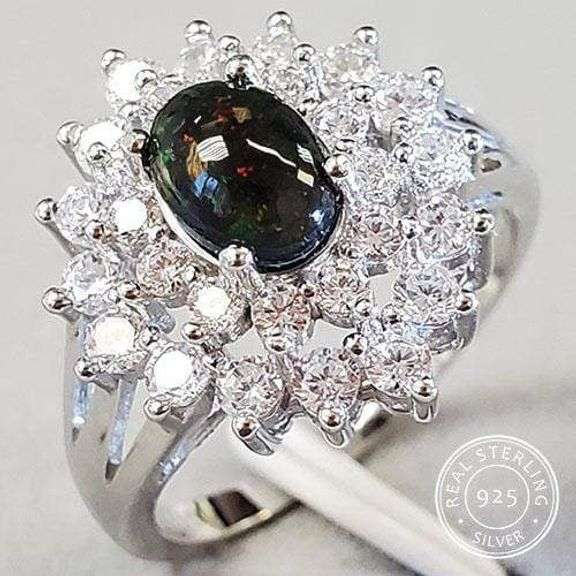 GENUINE ETHIOPIAN BLACK OPAL & CZ 0.50 CT GENUINE BLACK ETHIOPIAN OPAL 925 STERLING SILVER RING