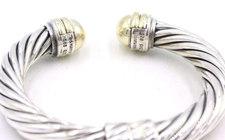 David Yurman two tone classic cable cuff bangle in sterling silver and yellow gold