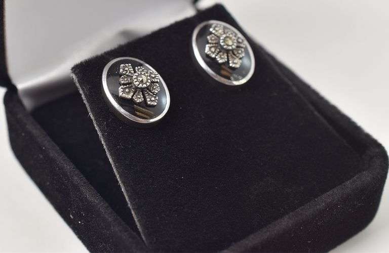 Black Onyx and Marcasite Gemstone Stud Earrings in Sterling Silver