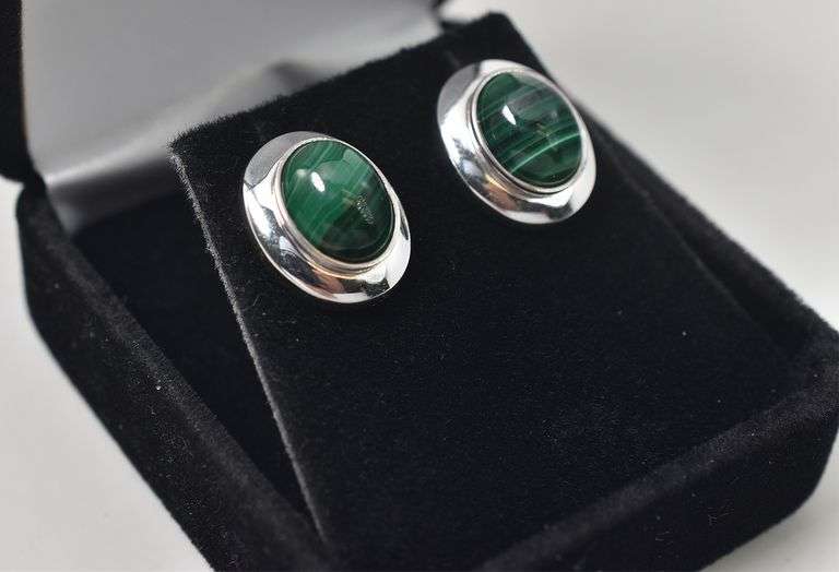 Malachite Gemstone Stud Earrings in Sterling Silver