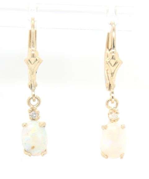 14kt Yellow gold oval opal and diamond dangle earrings