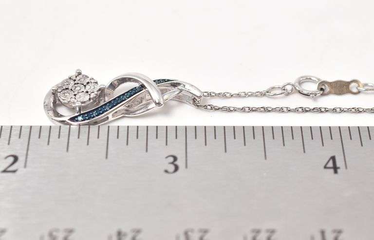 Blue and white Diamond Pendant Necklace in Sterling Silver