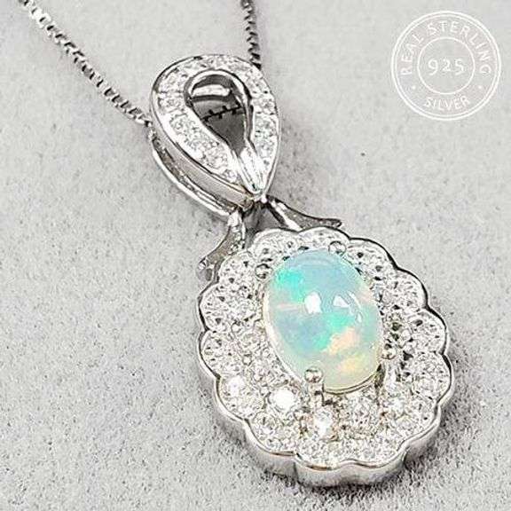 GENUINE ETHIOPIAN OPAL & CREATED WHITE SAPPHIRE 0.60 CT GENUINE ETHIOPIAN OPAL 925 STERLING SILVER P