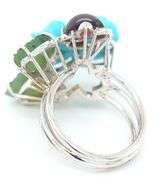 18kt White gold flower turquoise, cab tourmaline and jade leaf and diamond cocktail ring