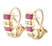 1.40ctw Emerald Cut Rubies and 0.48ctw Diamond J Hoop Earrings in 14K