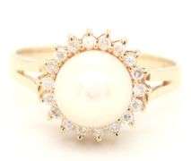 14kt Yellow gold 7.5mm Akoya pearl and diamond halo ring