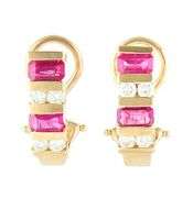 1.40ctw Emerald Cut Rubies and 0.48ctw Diamond J Hoop Earrings in 14K
