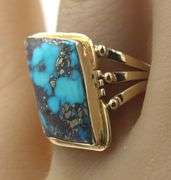 14kt Yellow gold Morenci Turquoise offset rectangular ring