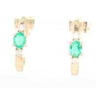 14kt Yellow gold oval emerald and diamond J hoop earrings