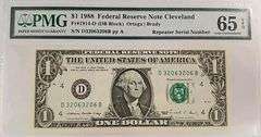 Superb Crisp 1988 $1 Note Cleveland Repeater Serial Number 32063206 PMG 65!