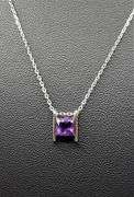 Natural 1 Ct Princess Cut Amethyst Solid .925 Sterling Silver Pendant Necklace