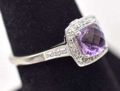 Beautiful 10K White Gold Amethyst Gemstone and Diamond Ring