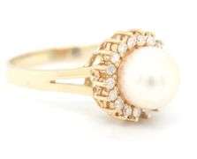 14kt Yellow gold 7.5mm Akoya pearl and diamond halo ring