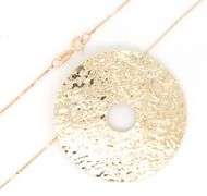 14kt Yellow gold Hammered finish round disc pendant on box chain