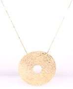 14kt Yellow gold Hammered finish round disc pendant on box chain