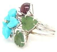 18kt White gold flower turquoise, cab tourmaline and jade leaf and diamond cocktail ring